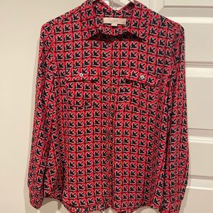 LOFT red floral button up blouse, roll tab sleeves